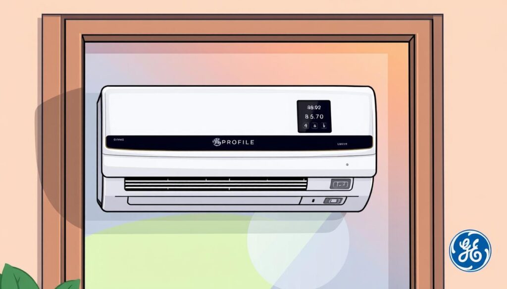 Generate an image of the GE Profile Clearview PHNT10 Smart Air Conditioner installed in a window, highlighting its unique design.