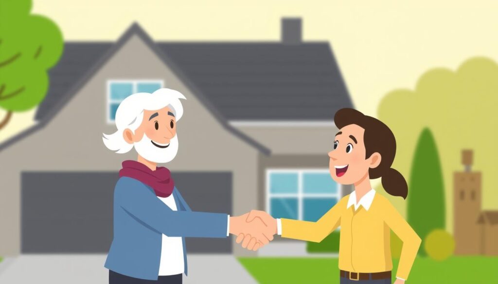Image of a homeowner shaking hands with a lender in front of a house.