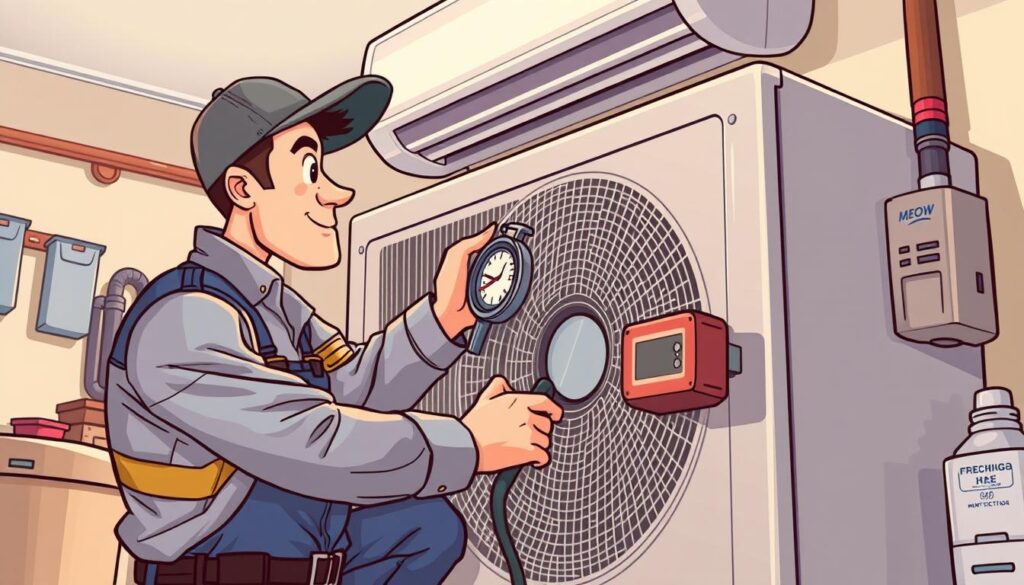 Image of a professional HVAC technician recharging an air conditioner's Freon levels