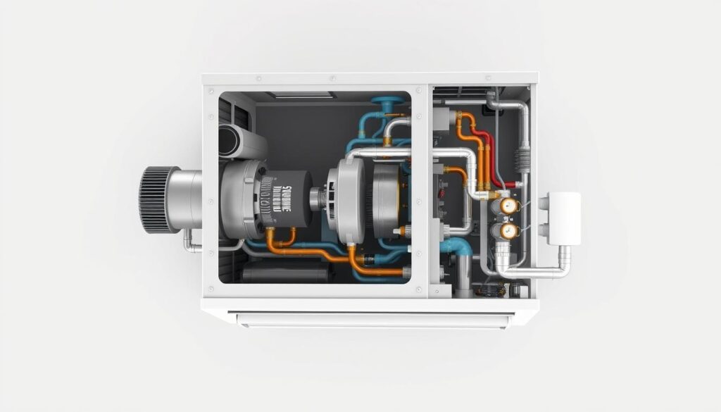a detailed technical diagram of a residential air conditioning system, showing the key components such as the compressor, condenser, evaporator coil, and refrigerant lines, all rendered in a realistic 3D style with precise engineering details, showcasing the inner workings and airflow pathways, with a clean, minimalist background that emphasizes the structure and function of the system, lit by soft, directional lighting to highlight the various parts, shot from a perspective that provides a clear, comprehensive overview