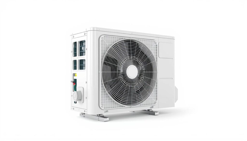 a highly detailed, photo-realistic 3D rendering of a single-stage central air conditioning unit, showcased against a plain white background. The AC unit is positioned at an angle, with a clear view of its front and side profiles. It features a compact, rectangular design with a metal housing, a prominent fan grill, and visible refrigerant tubes and compressor components. The lighting is soft and diffused, accentuating the clean, modern lines and metallic finishes of the AC unit. The overall presentation is crisp, well-lit, and designed to highlight the key technical features of a single-stage air conditioning system.