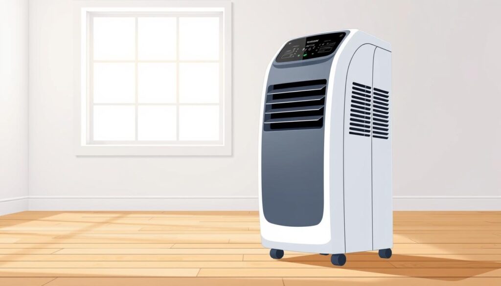a portable air conditioning unit with a sleek, modern design, standing in a well-lit room with natural lighting from a large window. The AC unit is placed on a wooden floor, with a clean and minimalist background. The AC unit has a digital display and adjustable vents, reflecting its advanced features. The image conveys a sense of efficiency and comfort, highlighting the versatility of this portable cooling solution.