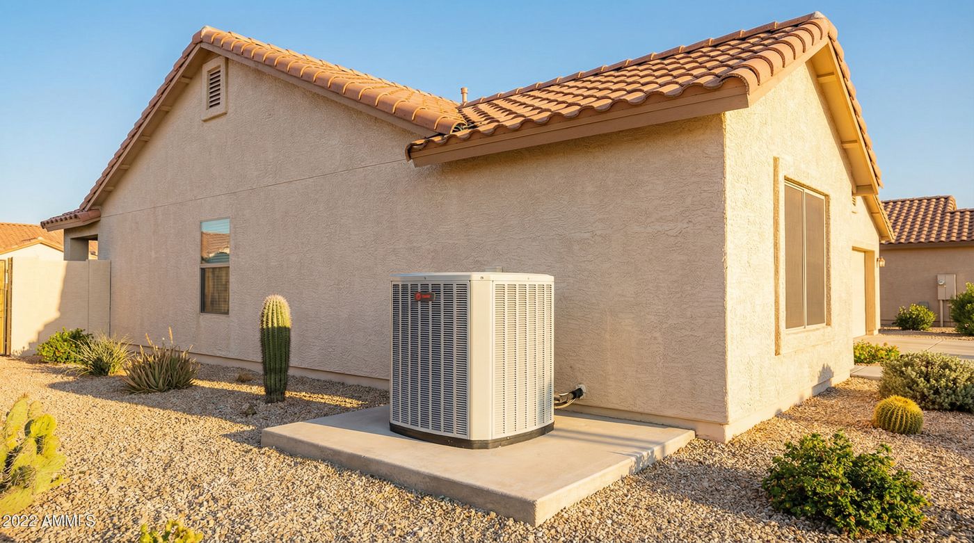 Outdoor AC condenser unit at a Sun City Arizona home with desert landscaping