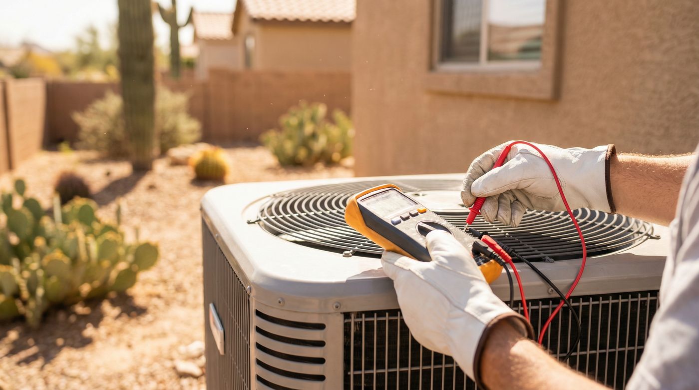 HVAC technician testing an air conditioning unit with a multimeter in Sun City AZ
