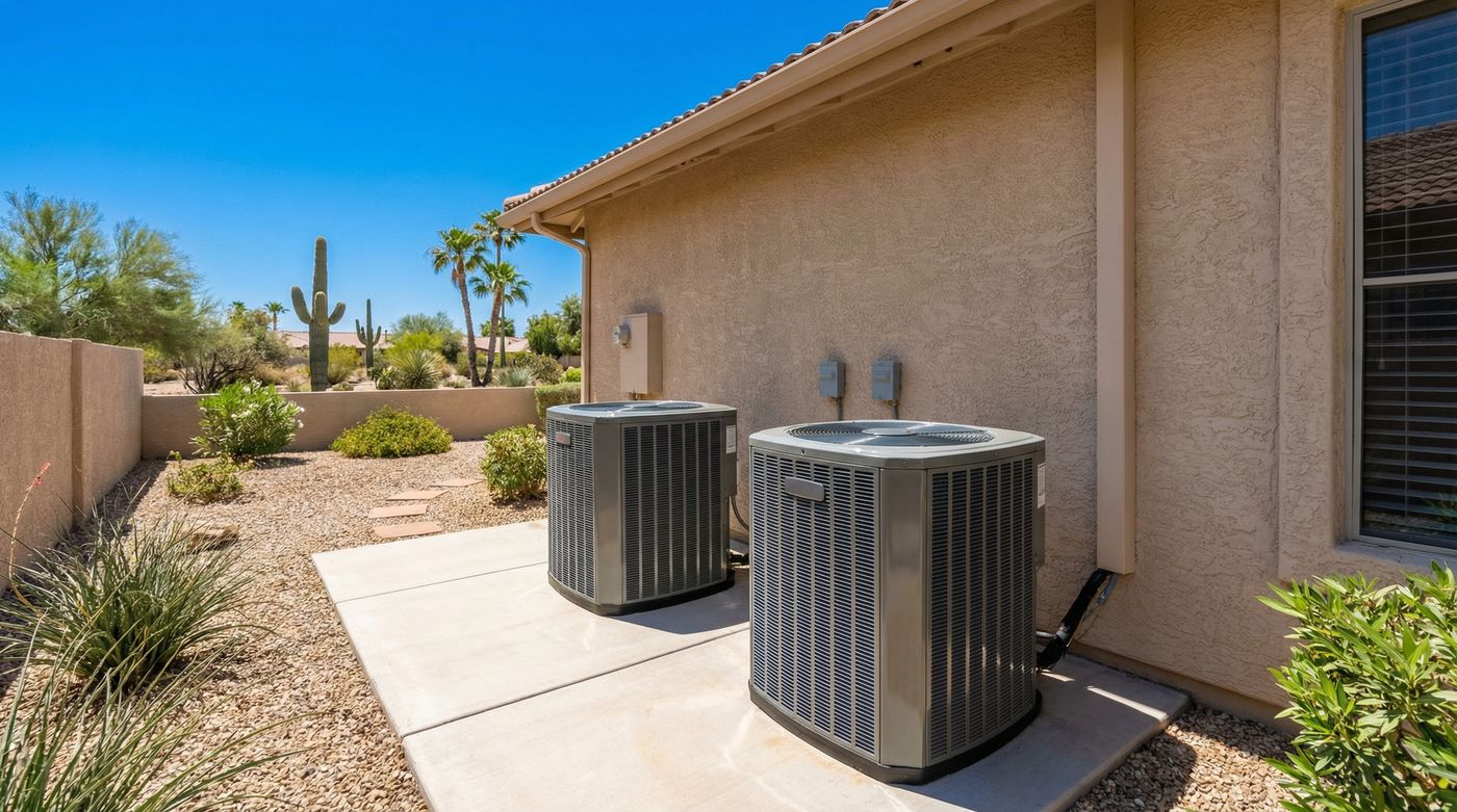 New AC installation with two condenser units at a Sun City Arizona retirement community home