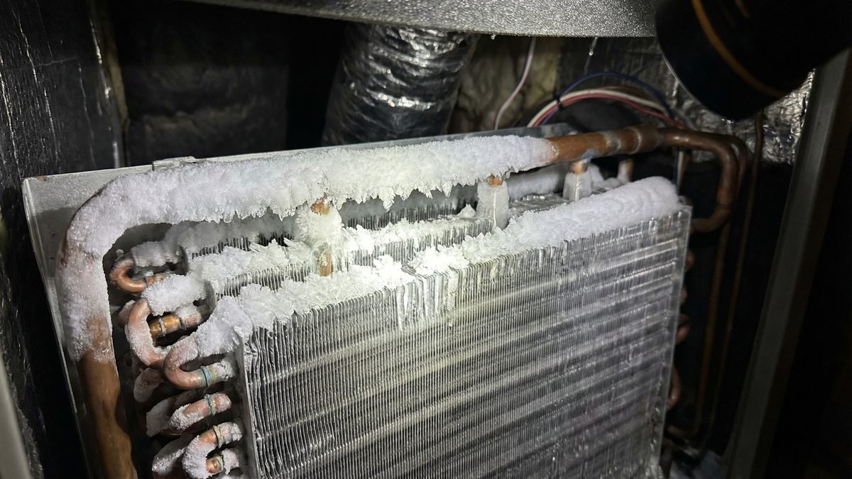 Frozen evaporator coil with ice buildup - a common AC problem in Sun City Arizona homes